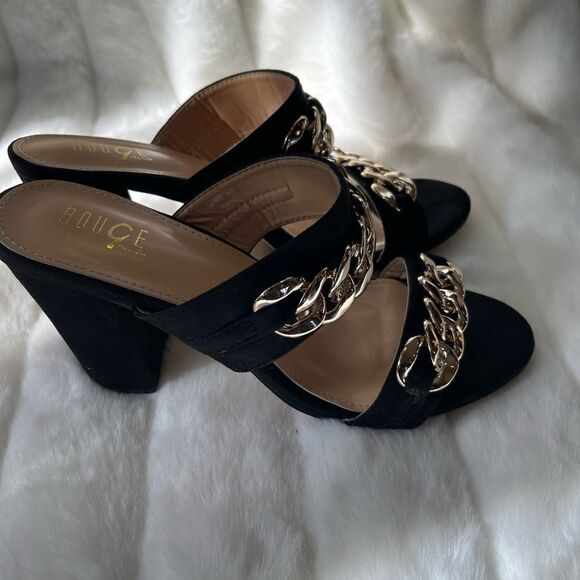 Rouge gold tone chain decor faux suede black heels size 9 - Picture 5 of 14
